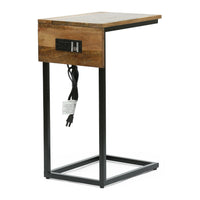 C Shaped End Table, Natural Brown Mango Wood, Black, Power Cord, 12in -BM336985