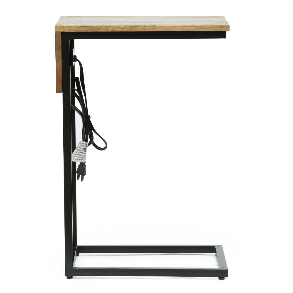 C Shaped End Table, Natural Brown Mango Wood, Black, Power Cord, 12in -BM336985