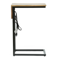 C Shaped End Table, Natural Brown Mango Wood, Black, Power Cord, 12in -BM336985