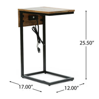 C Shaped End Table, Natural Brown Mango Wood, Black, Power Cord, 12in -BM336985
