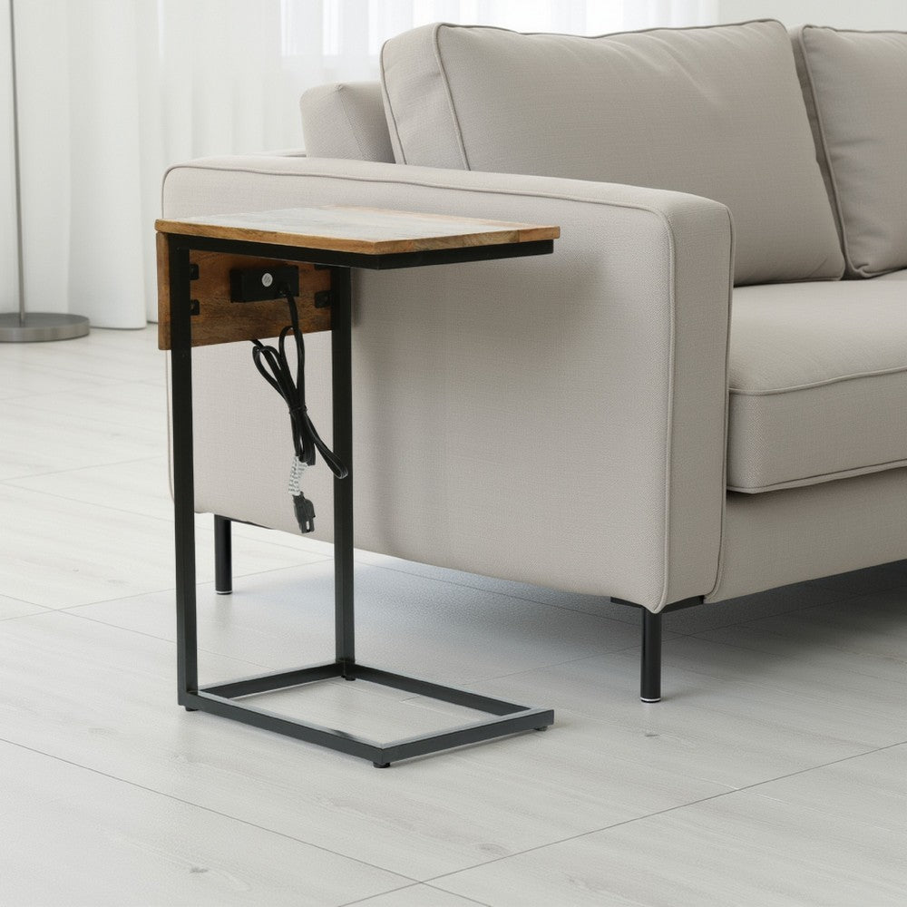 C Shaped End Table, Natural Brown Mango Wood, Black, Power Cord, 12in -BM336985