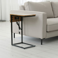 C Shaped End Table, Natural Brown Mango Wood, Black, Power Cord, 12in -BM336985