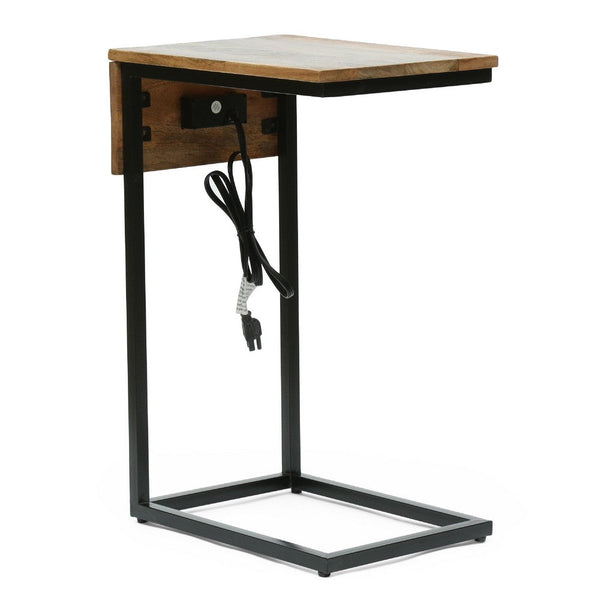 C Shaped End Table, Natural Brown Mango Wood, Black, Power Cord, 12in -BM336985