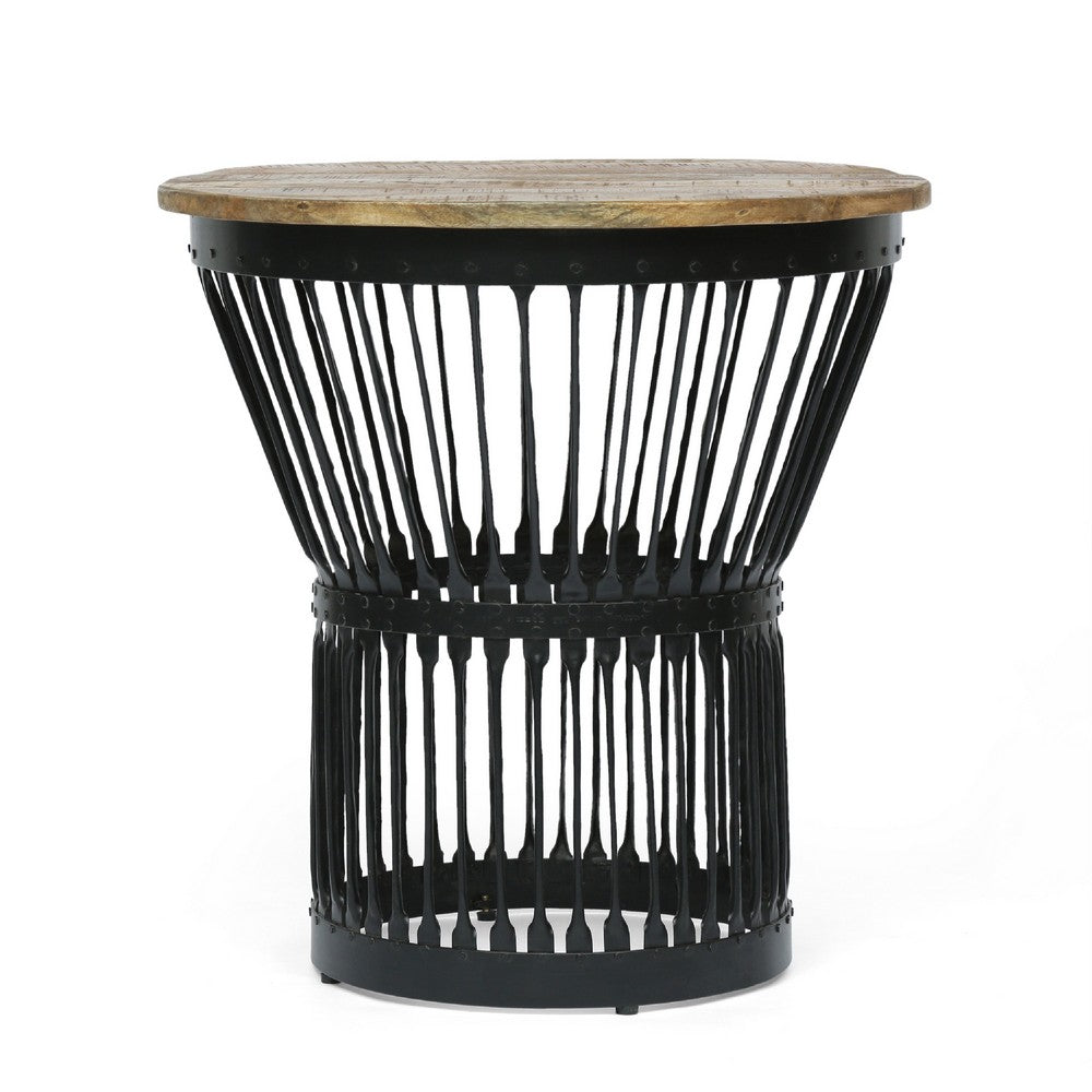 Side End Table, Natural Brown Mango Wood, Black Iron, Round 22 Inch -BM336986