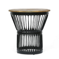 Side End Table, Natural Brown Mango Wood, Black Iron, Round 22 Inch -BM336986