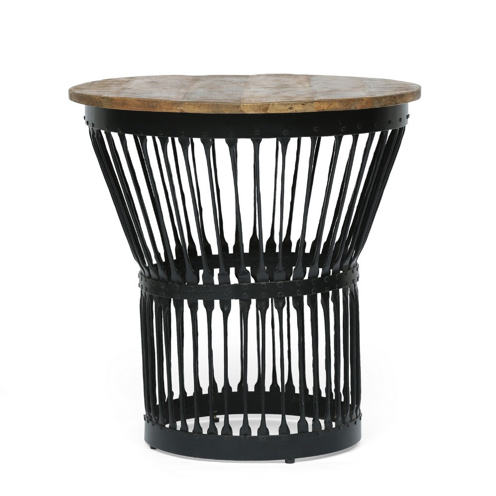 Side End Table, Natural Brown Mango Wood, Black Iron, Round 22 Inch -BM336986