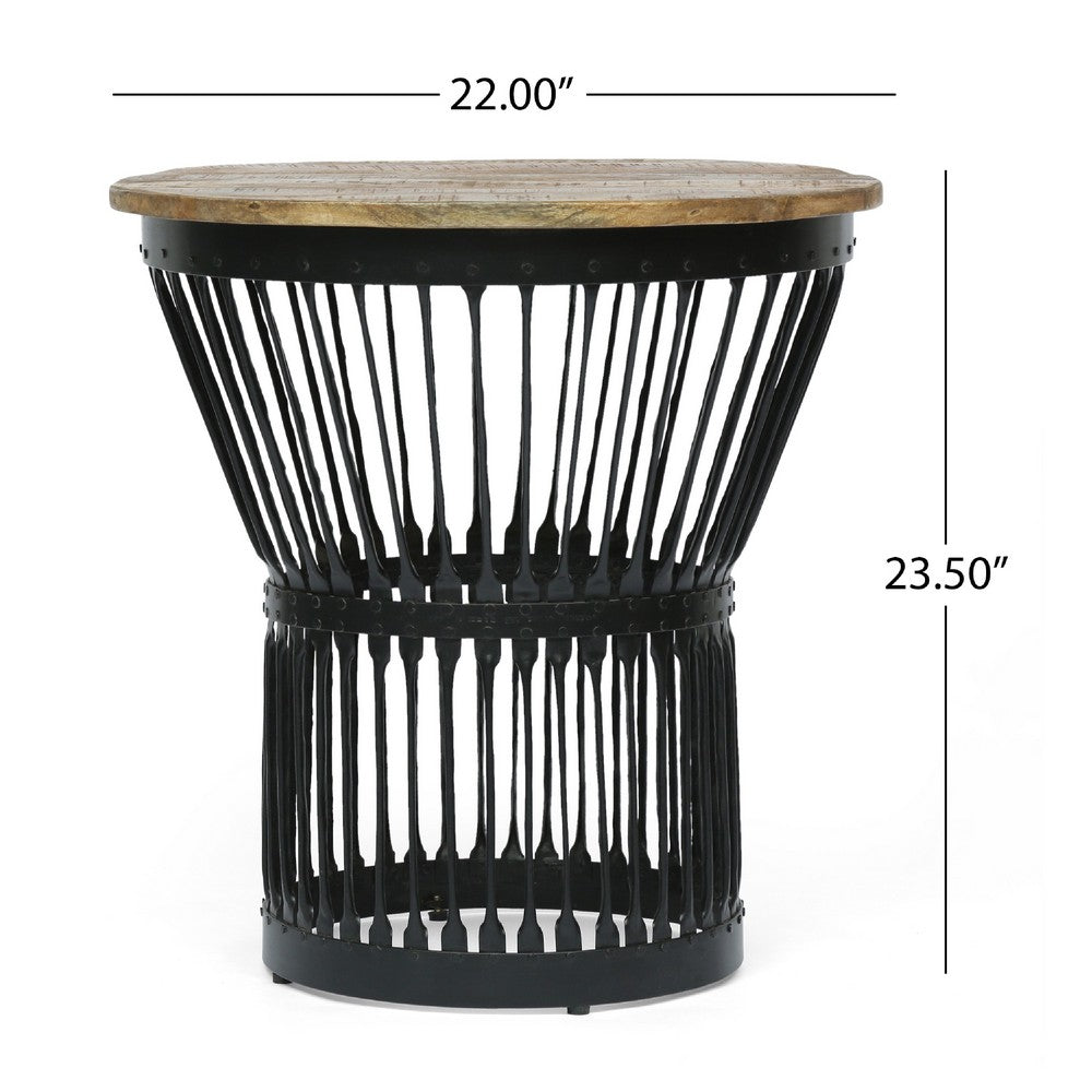 Side End Table, Natural Brown Mango Wood, Black Iron, Round 22 Inch -BM336986