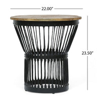 Side End Table, Natural Brown Mango Wood, Black Iron, Round 22 Inch -BM336986