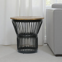 Side End Table, Natural Brown Mango Wood, Black Iron, Round 22 Inch -BM336986