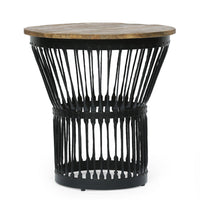 Side End Table, Natural Brown Mango Wood, Black Iron, Round 22 Inch -BM336986
