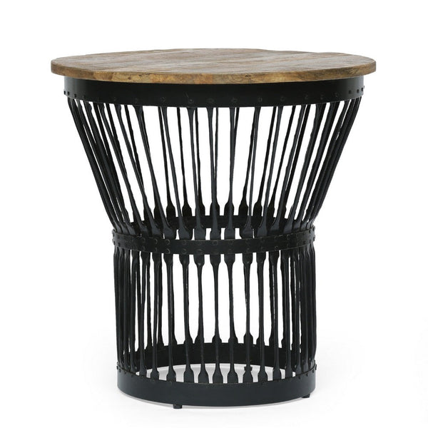 Side End Table, Natural Brown Mango Wood, Black Iron, Round 22 Inch -BM336986