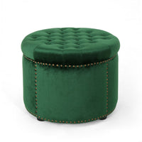 Round Ottoman, Tufted Emerald Green Velvet, Hardwood Frame, 22 Inch -BM336987
