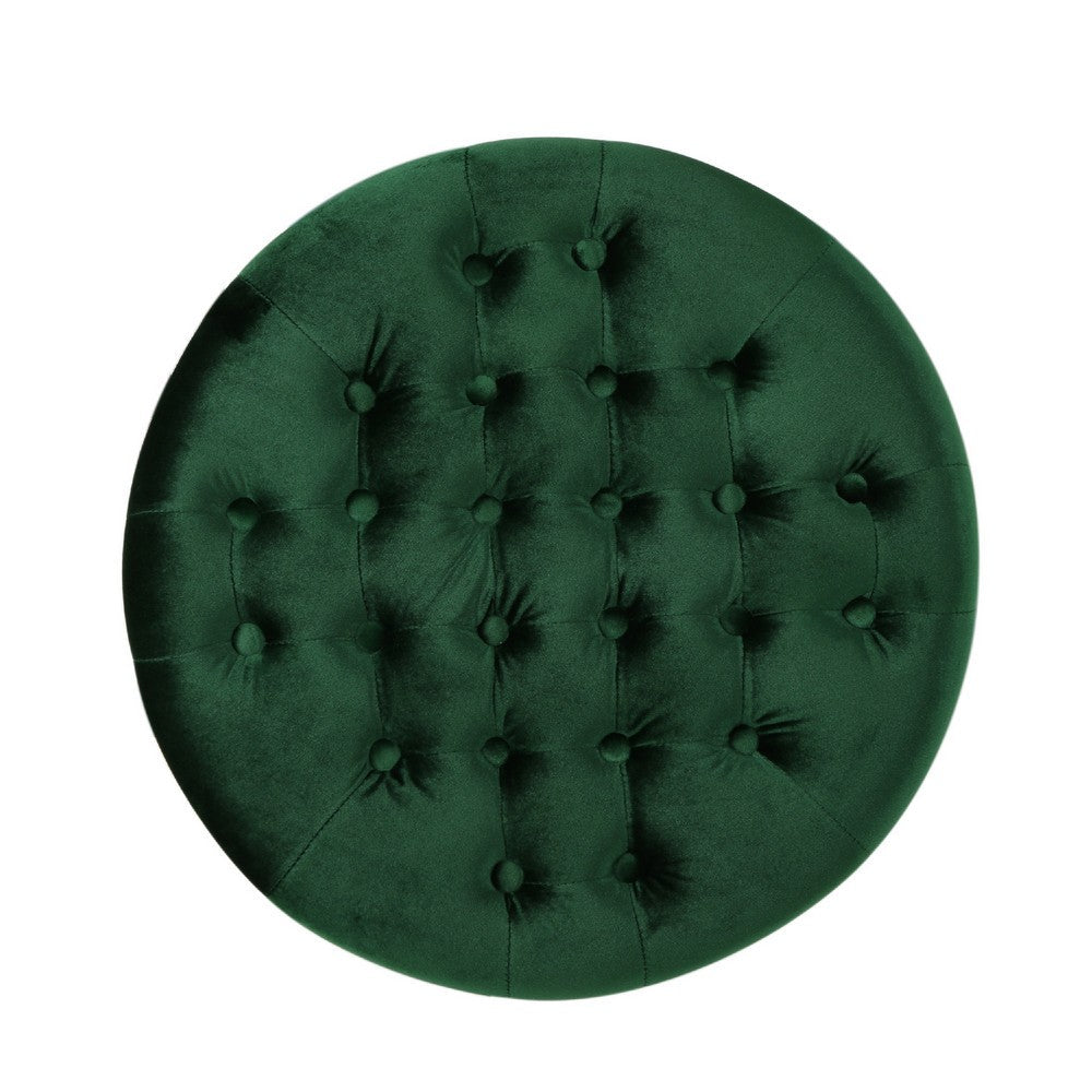 Round Ottoman, Tufted Emerald Green Velvet, Hardwood Frame, 22 Inch -BM336987