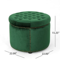 Round Ottoman, Tufted Emerald Green Velvet, Hardwood Frame, 22 Inch -BM336987