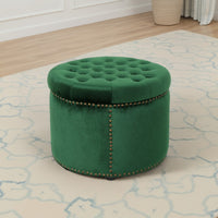 Round Ottoman, Tufted Emerald Green Velvet, Hardwood Frame, 22 Inch -BM336987