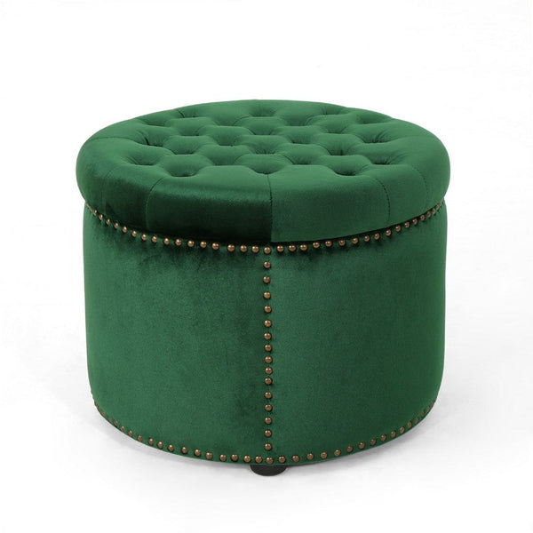 Round Ottoman, Tufted Emerald Green Velvet, Hardwood Frame, 22 Inch -BM336987