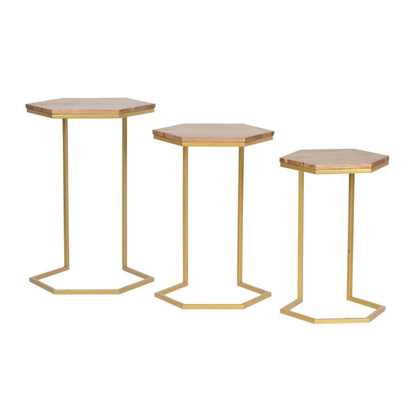 Nesting End Table Set of 3, Natural Brown Wood Gold Iron 26 25 22 Inch -BM336988