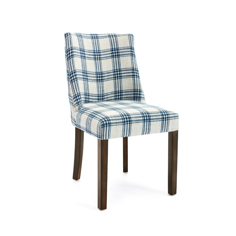 Armie Dining Side Chair, Country Style Blue White Plaid, Dark Brown -BM336990