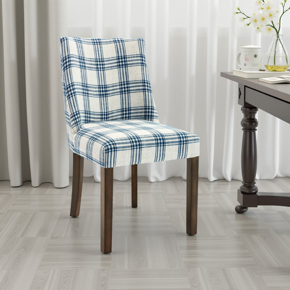 Armie Dining Side Chair, Country Style Blue White Plaid, Dark Brown -BM336990