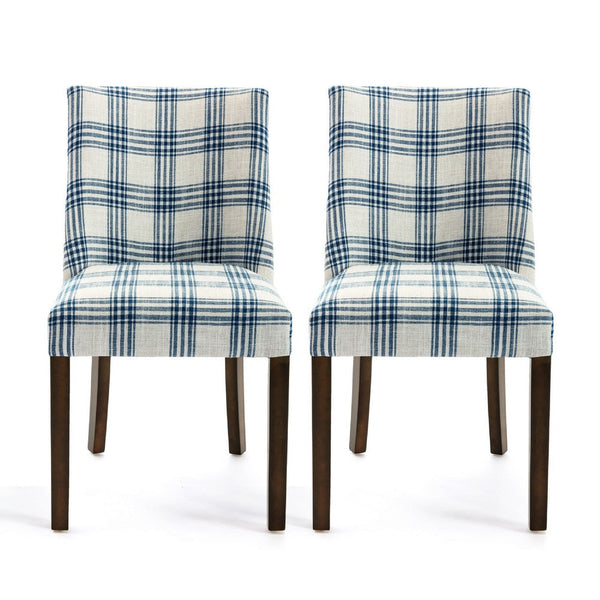 Armie Dining Side Chair, Country Style Blue White Plaid, Dark Brown -BM336990