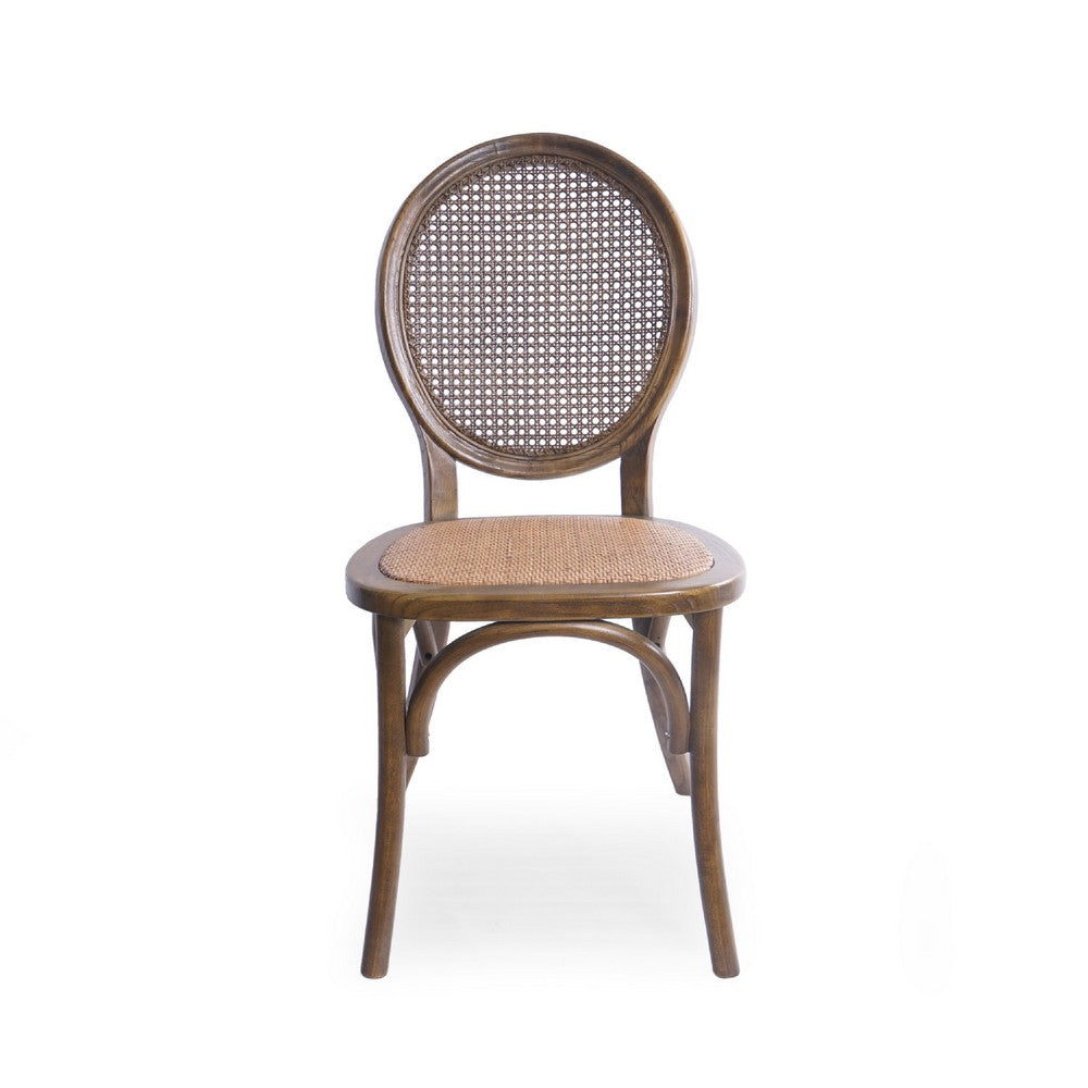 French Dining Side Chair, Brown Wood, Rattan, Round Cane Mesh Backrest -BM336992