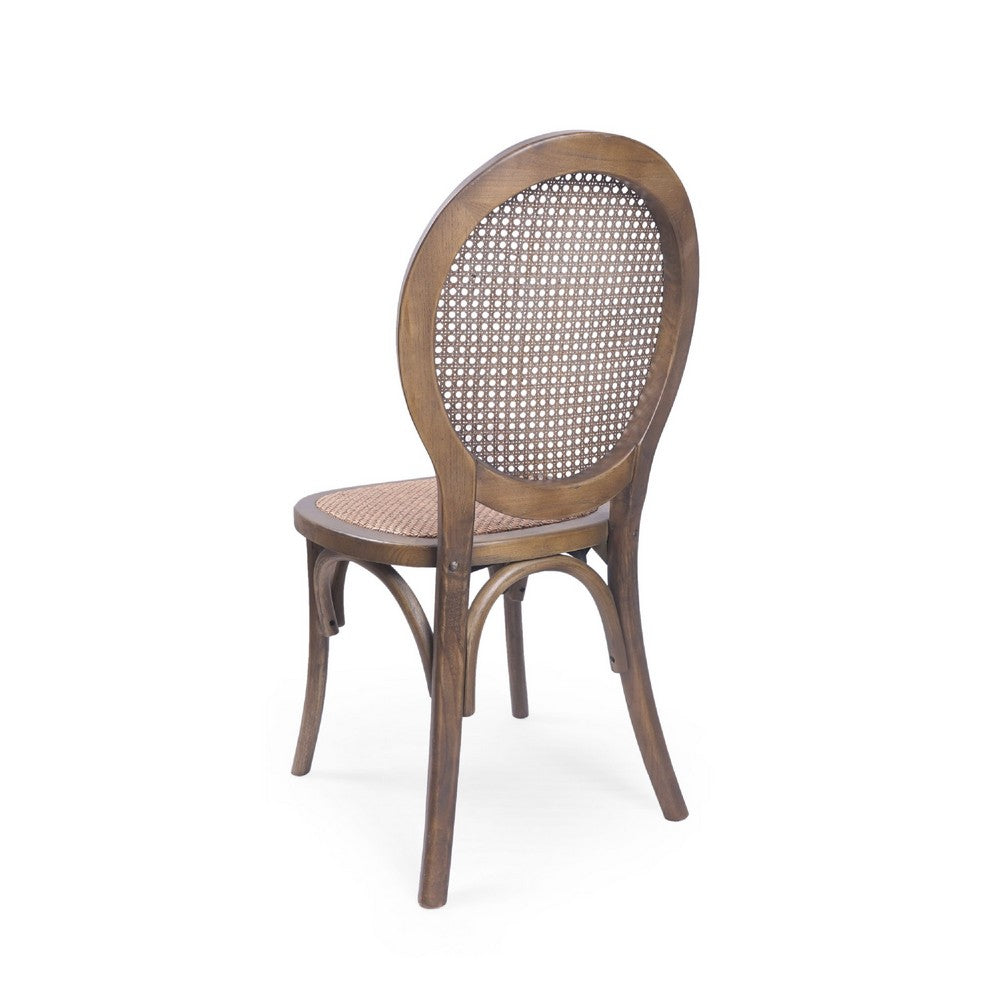 French Dining Side Chair, Brown Wood, Rattan, Round Cane Mesh Backrest -BM336992