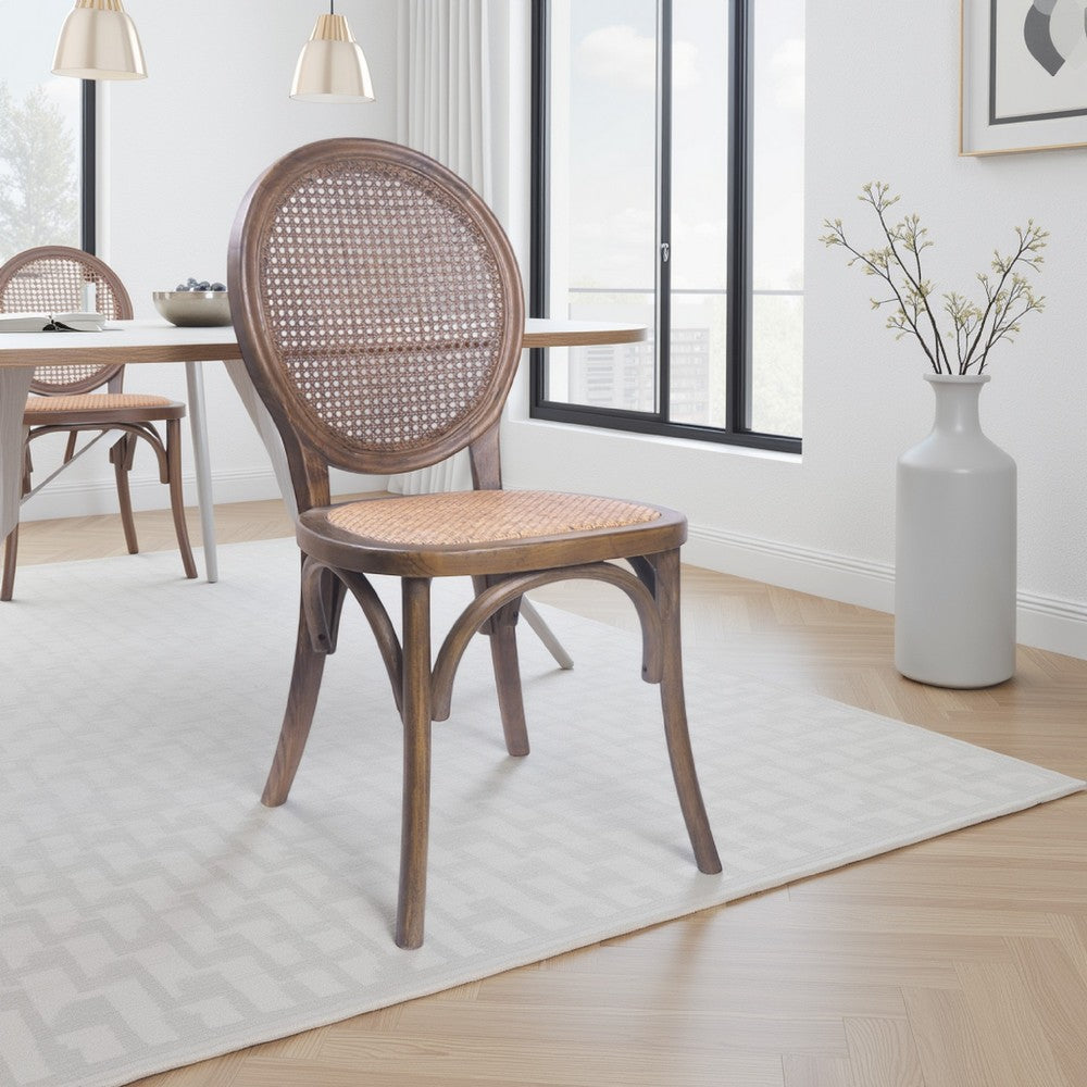 French Dining Side Chair, Brown Wood, Rattan, Round Cane Mesh Backrest -BM336992