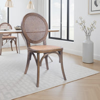 French Dining Side Chair, Brown Wood, Rattan, Round Cane Mesh Backrest -BM336992