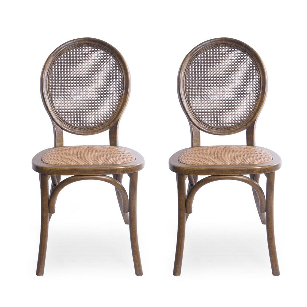 French Dining Side Chair, Brown Wood, Rattan, Round Cane Mesh Backrest -BM336992