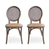 French Dining Side Chair, Brown Wood, Rattan, Round Cane Mesh Backrest -BM336992