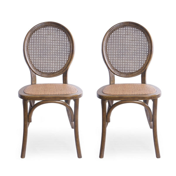 French Dining Side Chair, Brown Wood, Rattan, Round Cane Mesh Backrest -BM336992