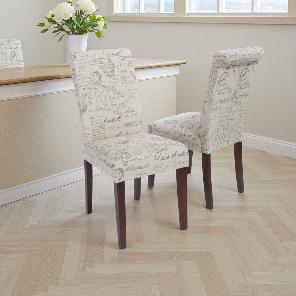 Dining Chair Set of 2, Beige Linen, Dark Brown Hardwood, Rolled Back -BM336993