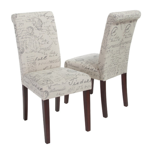 Dining Chair Set of 2, Beige Linen, Dark Brown Hardwood, Rolled Back -BM336993