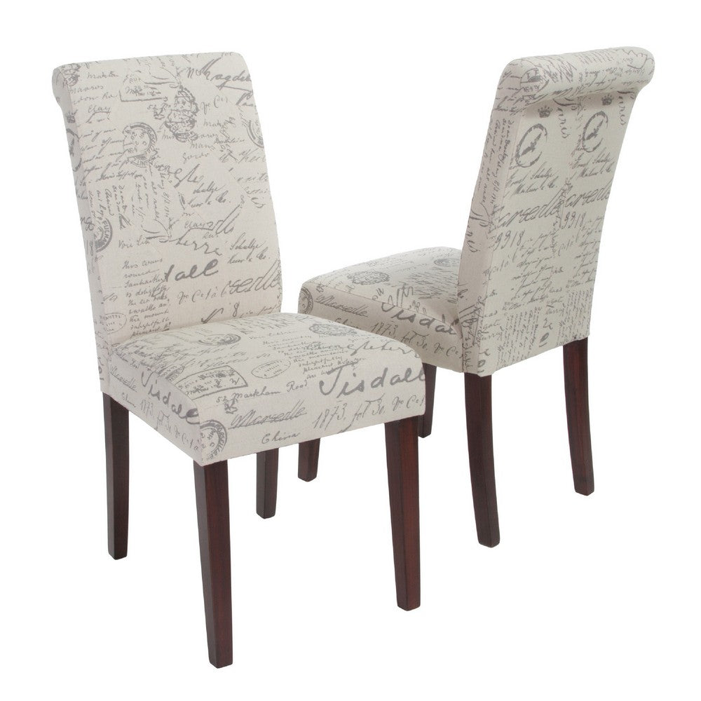 Dining Chair Set of 2, Beige Linen, Dark Brown Hardwood, Rolled Back -BM336993