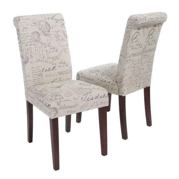 Dining Chair Set of 2, Beige Linen, Dark Brown Hardwood, Rolled Back -BM336993