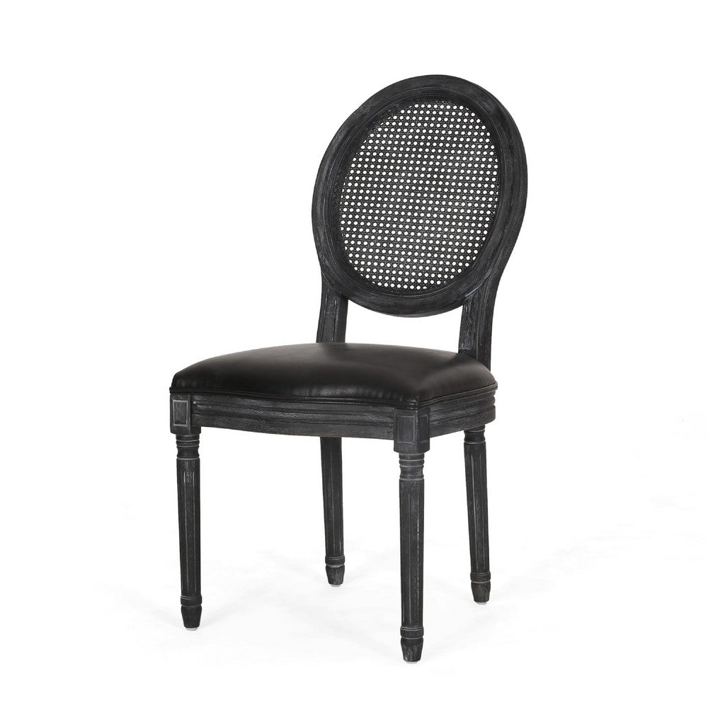 French Country Dining Side Chair Set of 2, Black Wood, Round Cane Back -BM336998