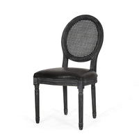 French Country Dining Side Chair Set of 2, Black Wood, Round Cane Back -BM336998