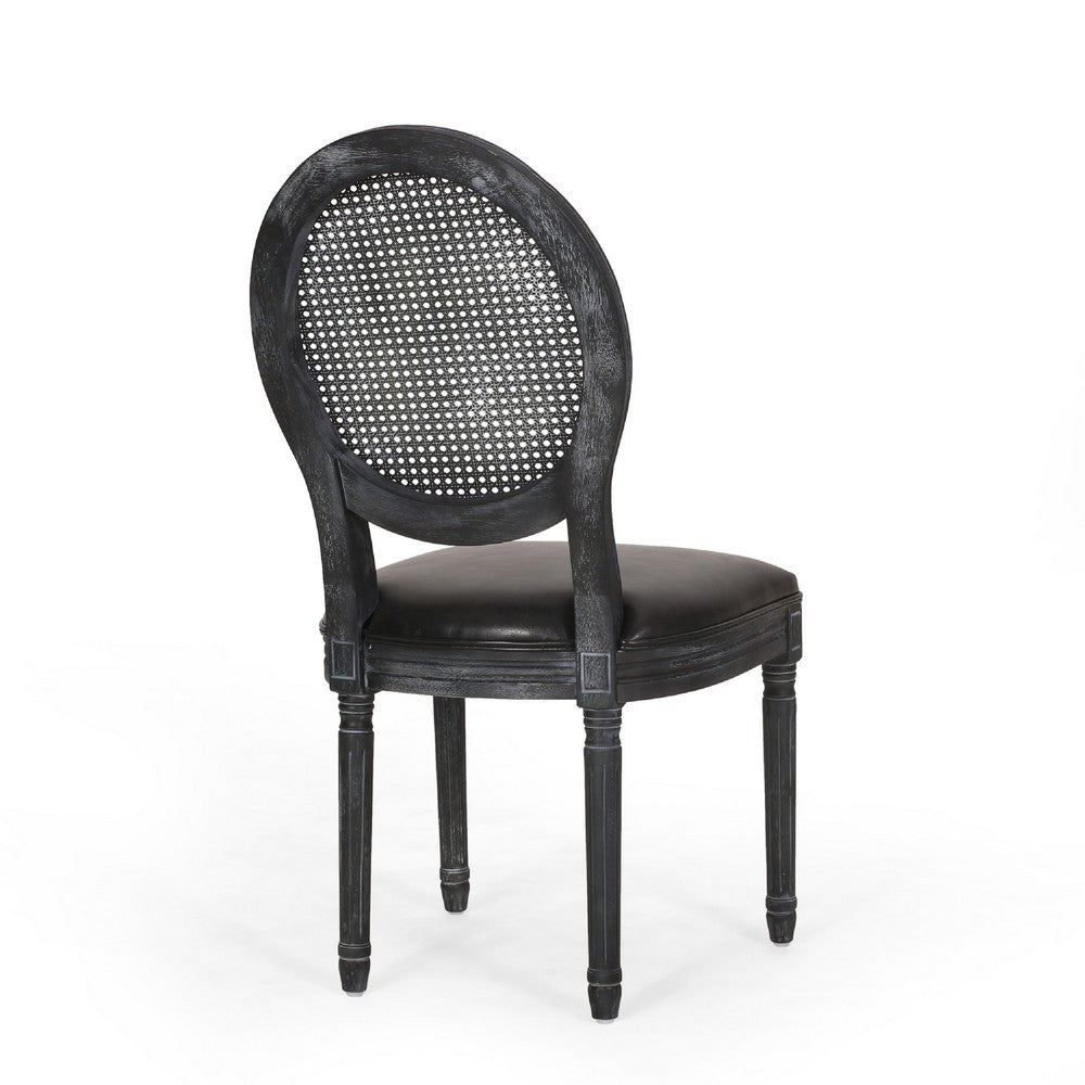 French Country Dining Side Chair Set of 2, Black Wood, Round Cane Back -BM336998