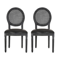 French Country Dining Side Chair Set of 2, Black Wood, Round Cane Back -BM336998