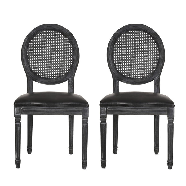 French Country Dining Side Chair Set of 2, Black Wood, Round Cane Back -BM336998