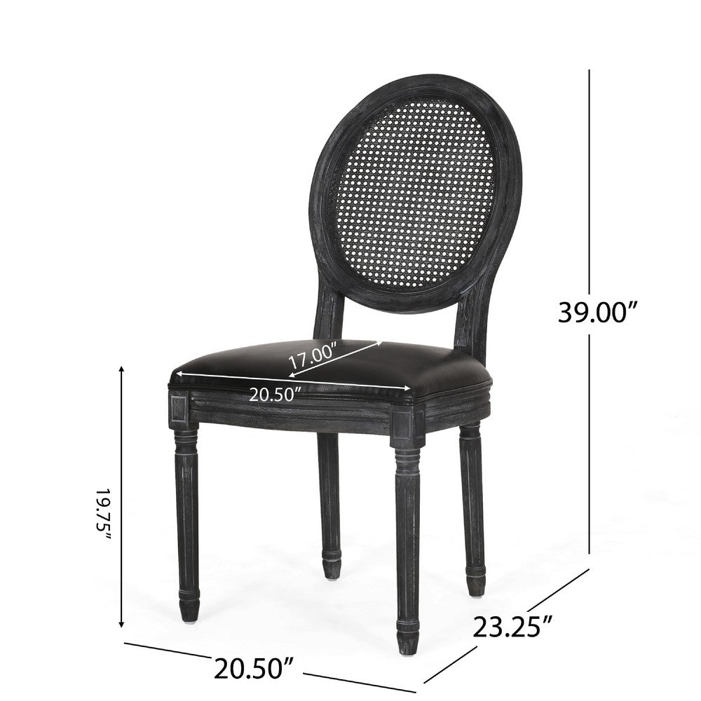 French Country Dining Side Chair Set of 2, Black Wood, Round Cane Back -BM336998