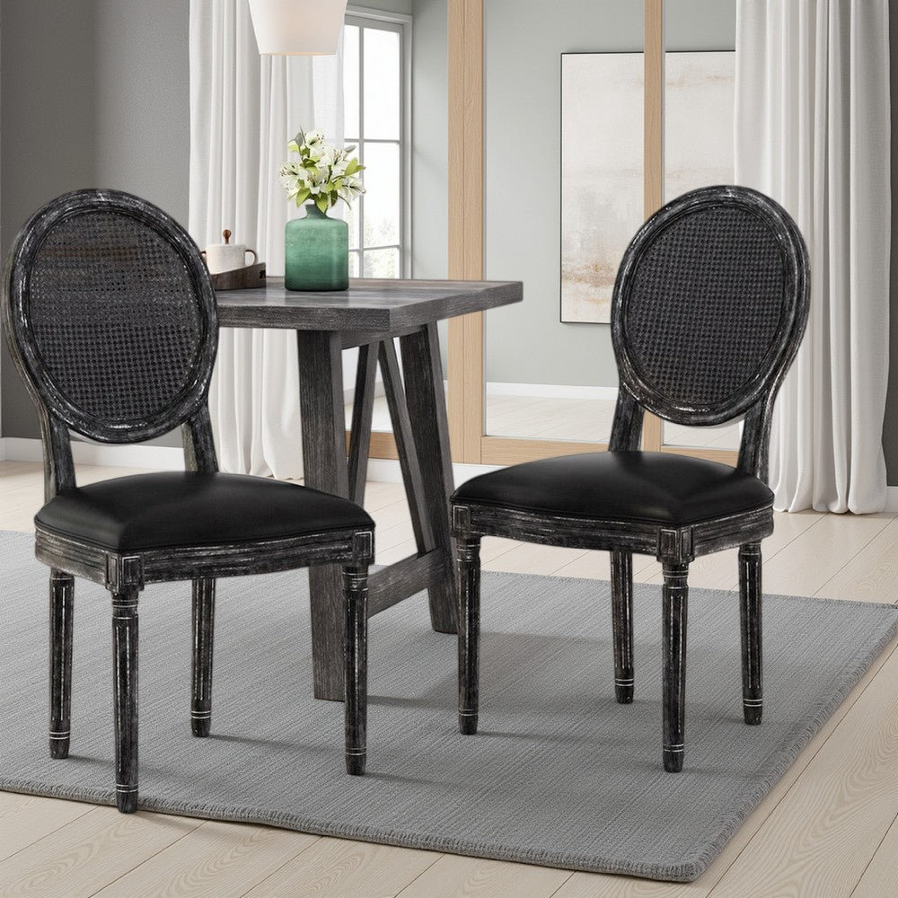 French Country Dining Side Chair Set of 2, Black Wood, Round Cane Back -BM336998
