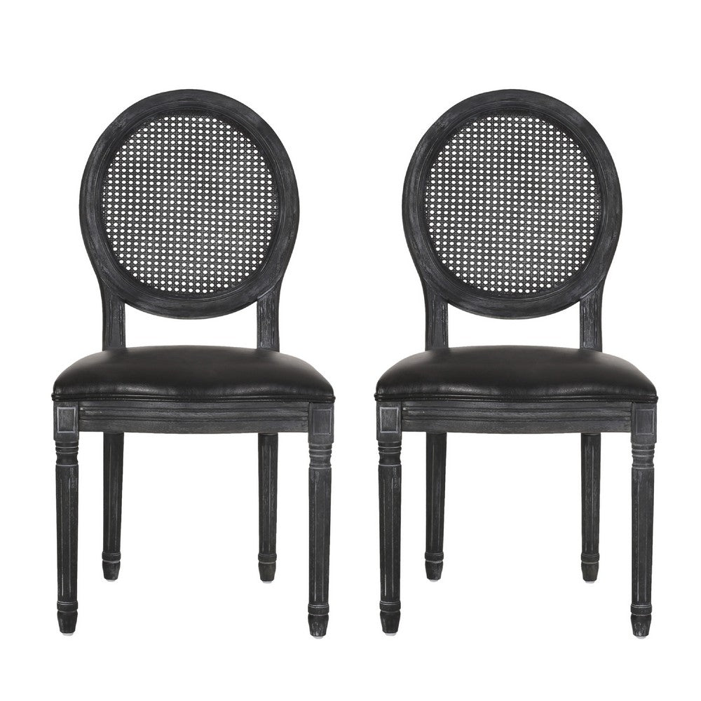 French Country Dining Side Chair Set of 2, Black Wood, Round Cane Back -BM336998