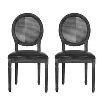 French Country Dining Side Chair Set of 2, Black Wood, Round Cane Back -BM336998