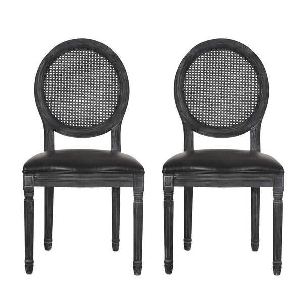 French Country Dining Side Chair Set of 2, Black Wood, Round Cane Back -BM336998