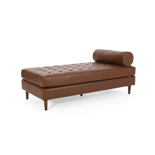 Agaro Chaise Lounger with Pillow, Brown Button Tufted Faux Leather -BM337005