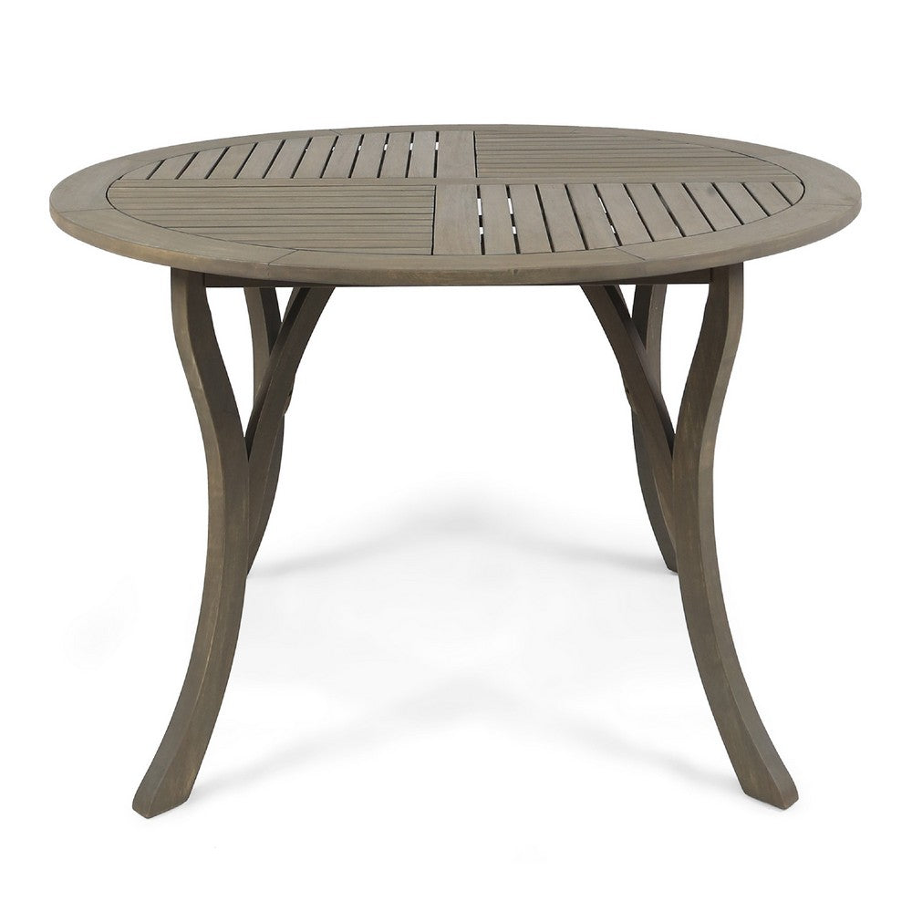 Olen Outdoor Round Dining Table, Curved Legs, Gray Acacia Wood 47 Inch -BM337008