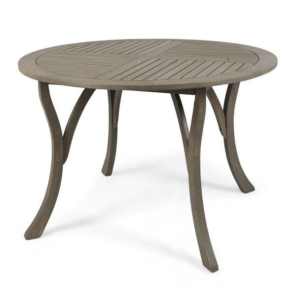 Olen Outdoor Round Dining Table, Curved Legs, Gray Acacia Wood 47 Inch -BM337008