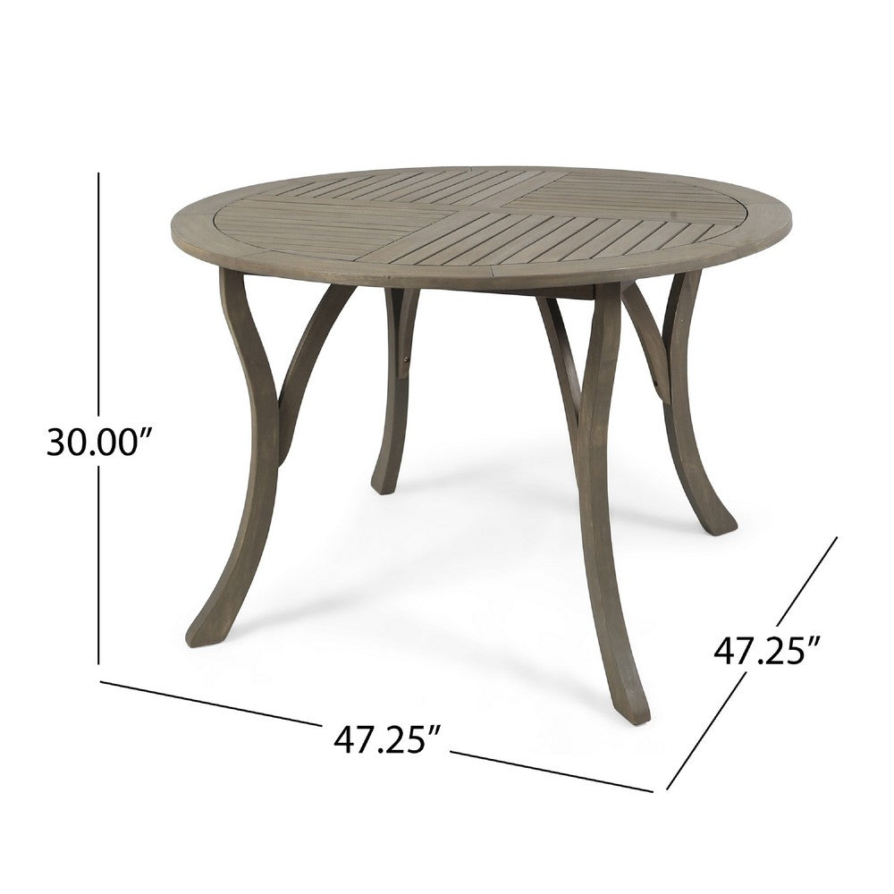 Olen Outdoor Round Dining Table, Curved Legs, Gray Acacia Wood 47 Inch -BM337008
