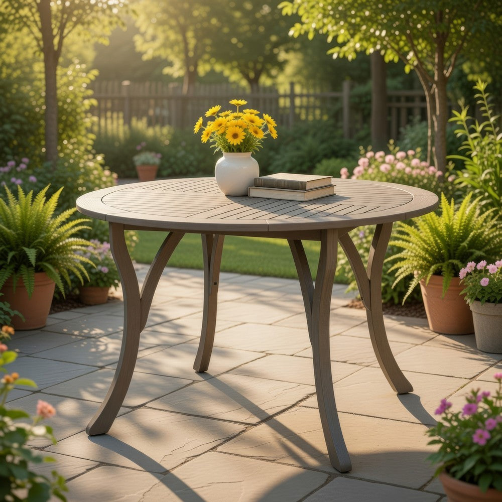 Olen Outdoor Round Dining Table, Curved Legs, Gray Acacia Wood 47 Inch -BM337008